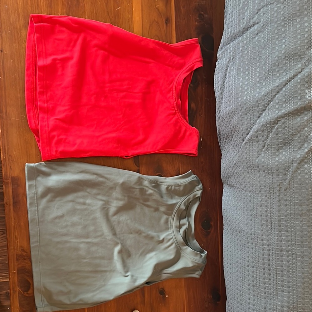 Red and Gray Sleeveless Tops